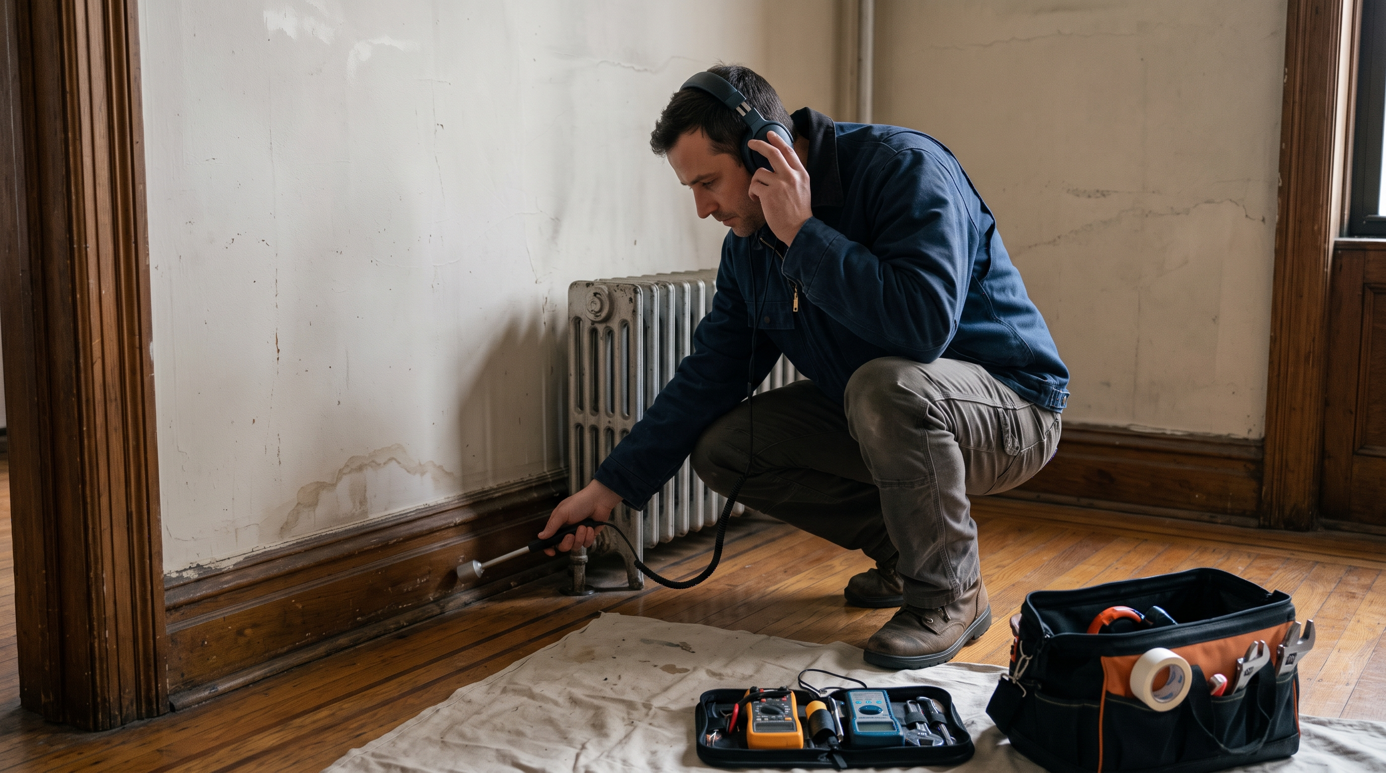 Technician using acoustic listening equipment for non-invasive hidden water leak detection along baseboards.